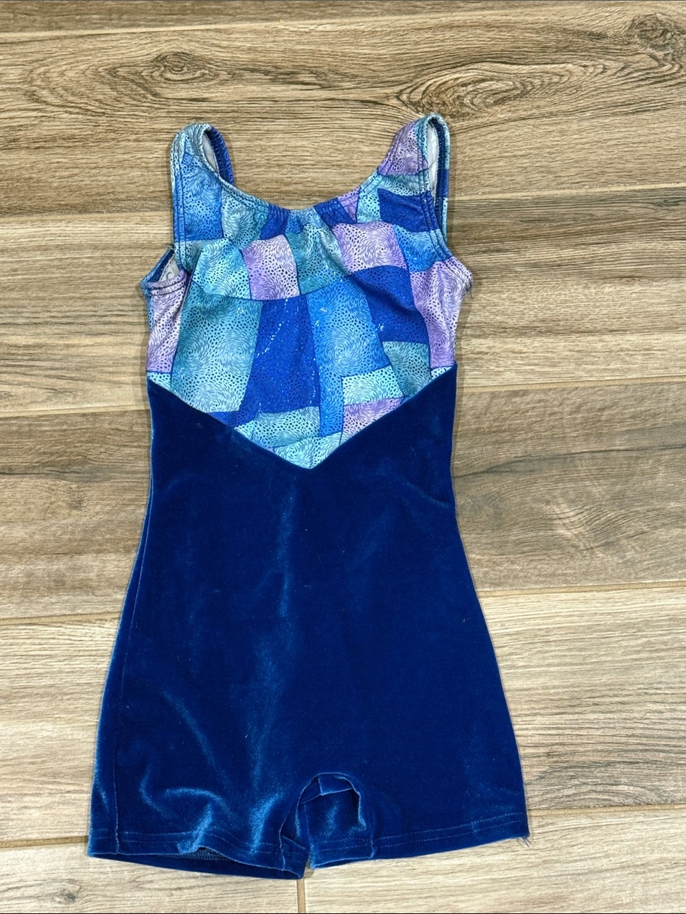 Motionwear Navy Blue Velvet Gymnastics One-Piece with Multi-Blue Pattern